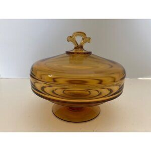 Clear Dark Amber Pedestal Covered Compote Candy Dish 6” Extra Nice